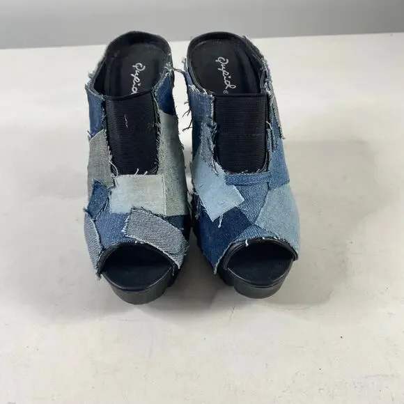 Retro Qupid Patchwork Denim Peep Toe Chunky Slip On Block Heel Mules Sz 7 - Picture 7 of 11